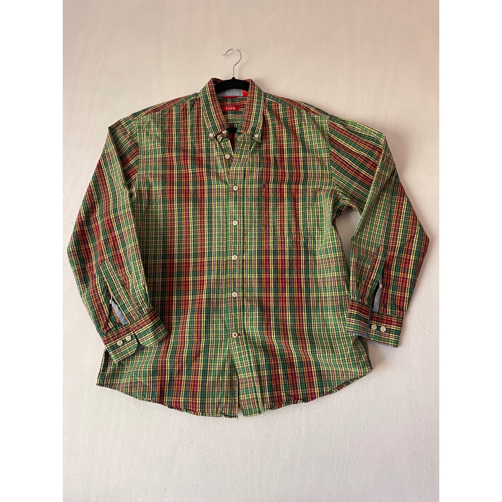 IZOD Mens Long‎ Sleeve Plaid Button Down Shirt Green Red Yellow Large L